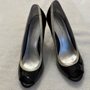 Ann Taylor Black and Silver Peep Toe Heels